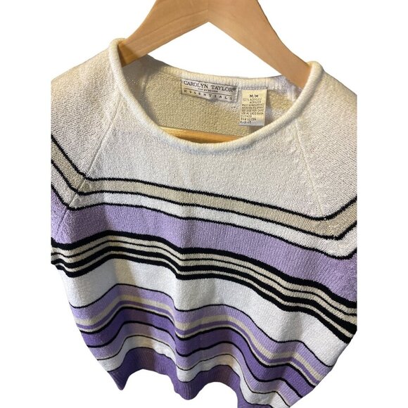 Carolyn Taylor Essentials White Violet Striped Short Sleeve Crew Neck Top SZ M - Picture 5 of 7